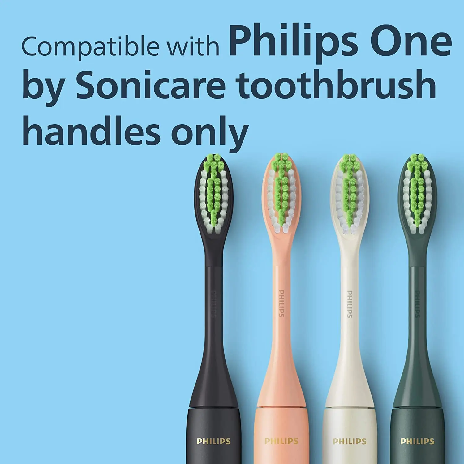 Two shadow black Philips One by Sonicare replacement brush heads with soft, tapered nylon bristles for gentle polishing and a brighter smile.