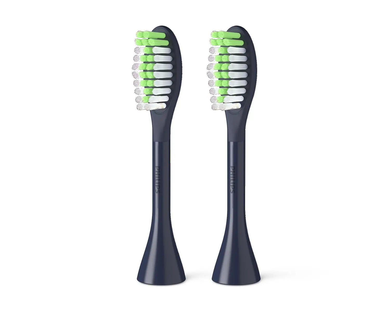 Two midnight blue Philips One by Sonicare replacement brush heads with tapered, soft nylon bristles, designed for gentle polishing and easy snap-on replacement every three months.