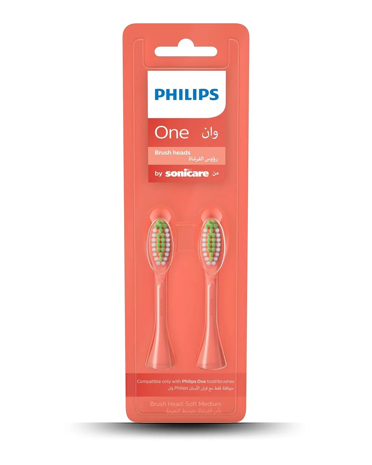 Two midnight blue Philips One by Sonicare replacement brush heads with tapered, soft nylon bristles, designed for gentle polishing and easy snap-on replacement every three months.