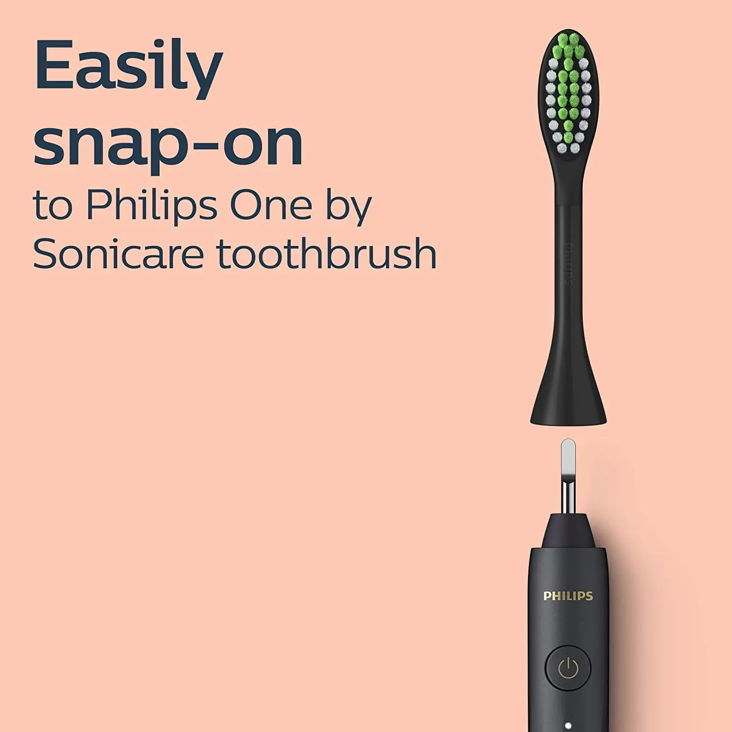 Two shadow black Philips One by Sonicare replacement brush heads with soft, tapered nylon bristles for gentle polishing and a brighter smile.