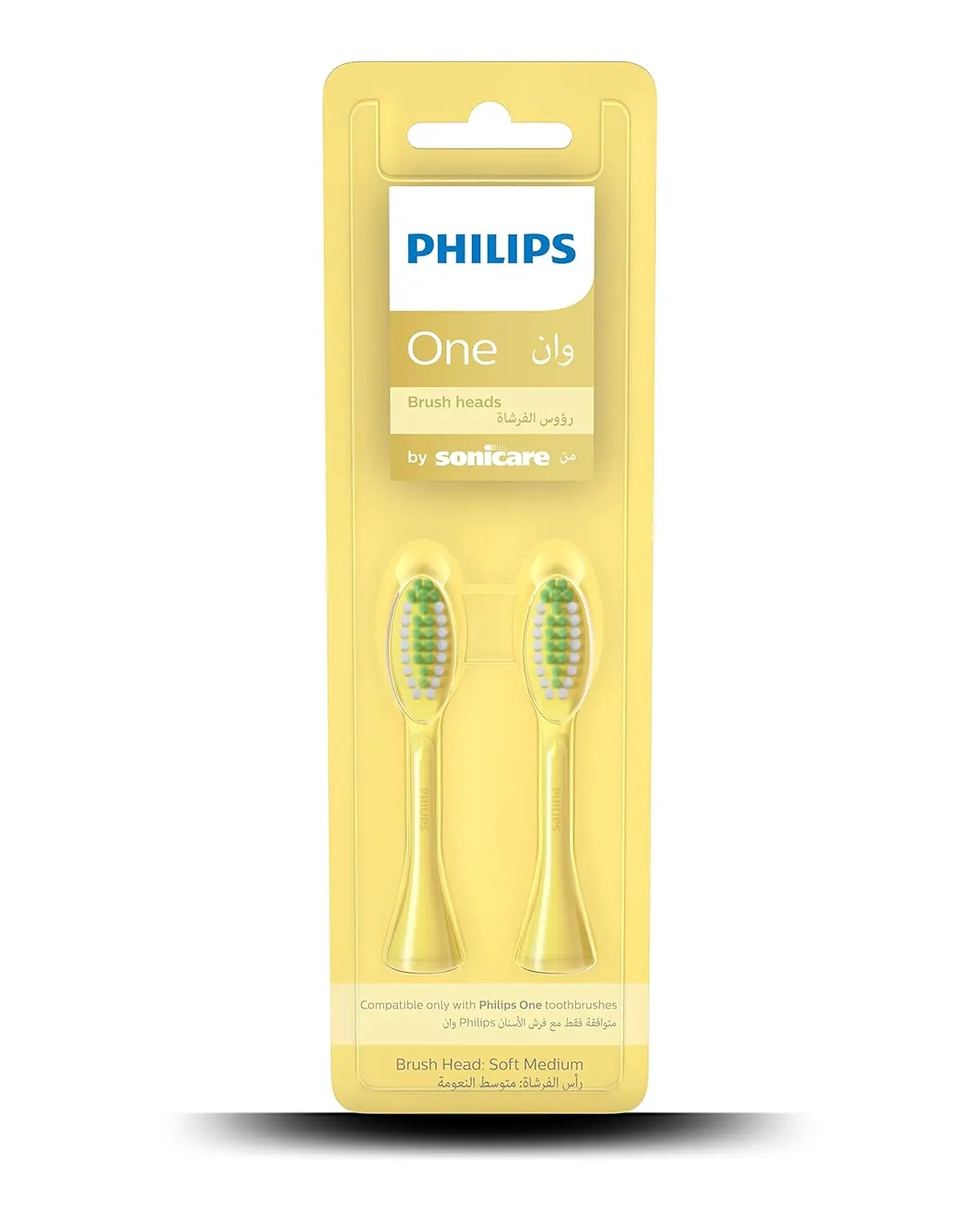 Two midnight blue Philips One by Sonicare replacement brush heads with tapered, soft nylon bristles, designed for gentle polishing and easy snap-on replacement every three months.