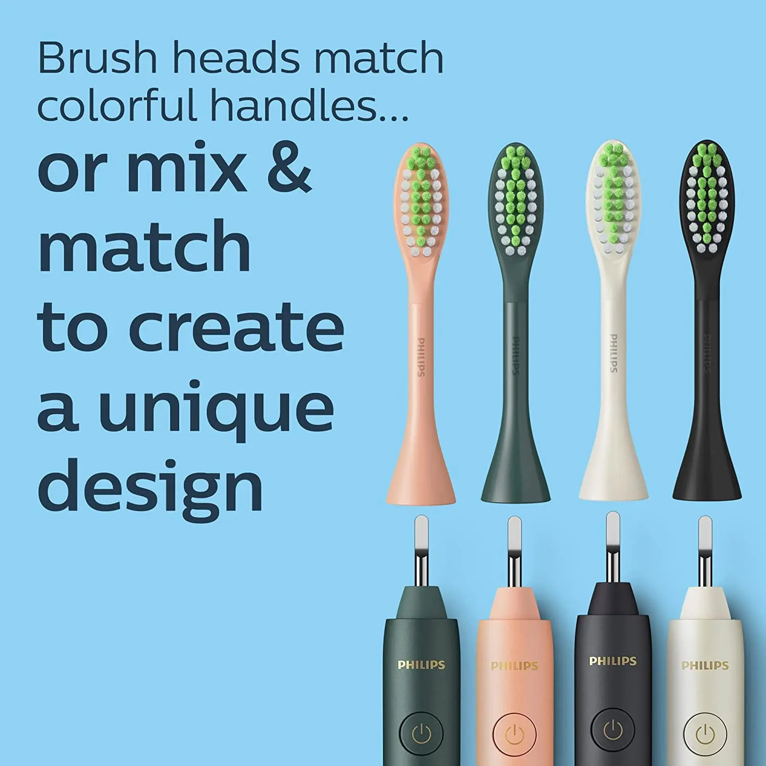 Two shadow black Philips One by Sonicare replacement brush heads with soft, tapered nylon bristles for gentle polishing and a brighter smile.