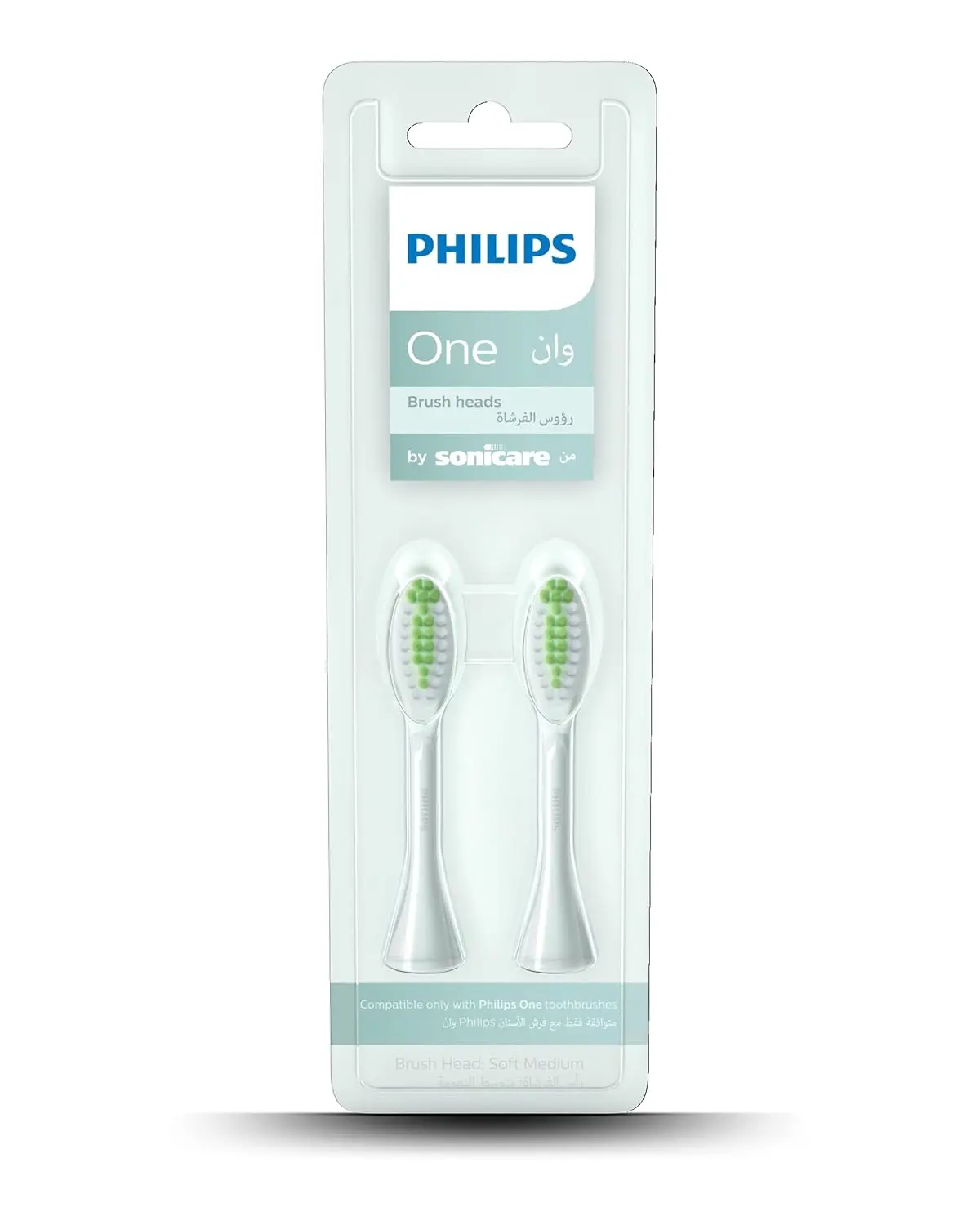 Two midnight blue Philips One by Sonicare replacement brush heads with tapered, soft nylon bristles, designed for gentle polishing and easy snap-on replacement every three months.