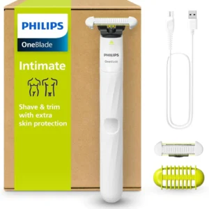 The Philips OneBlade Intimate electric shaver and trimmer for men and women features unique OneBlade technology, SkinProtect blades, and a 3mm trimming attachment for comfortable and precise grooming, even on sensitive skin.