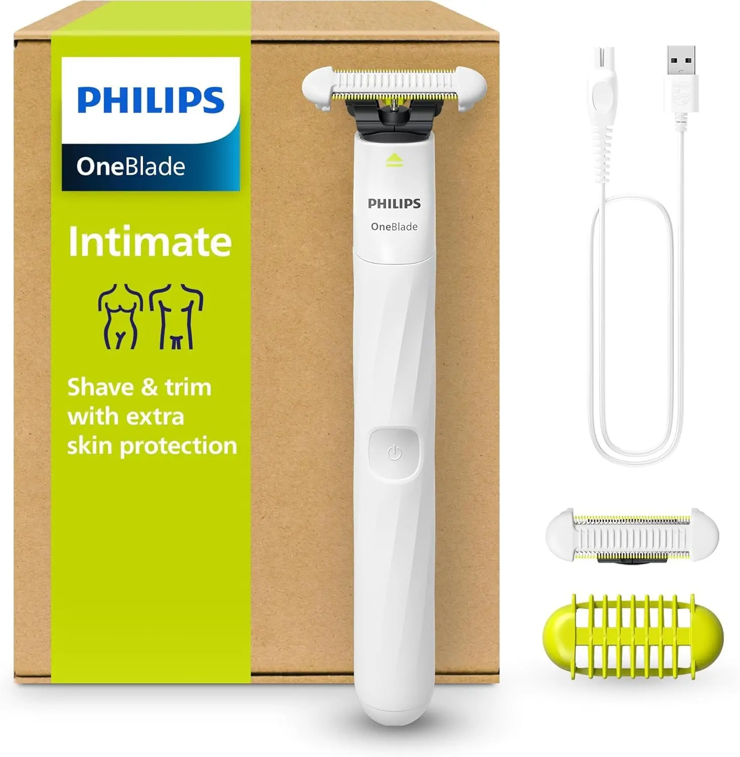 The Philips OneBlade Intimate electric shaver and trimmer for men and women features unique OneBlade technology, SkinProtect blades, and a 3mm trimming attachment for comfortable and precise grooming, even on sensitive skin.