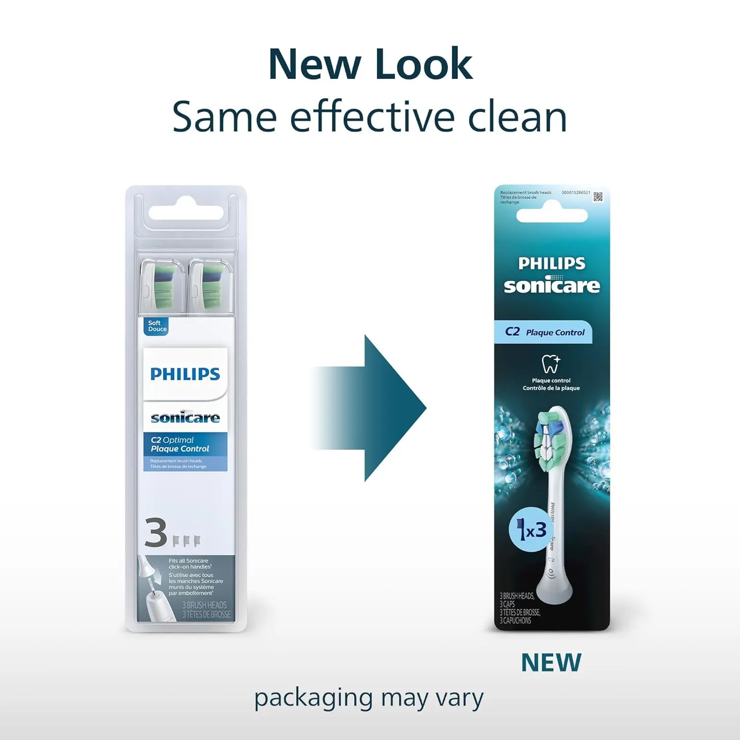 Three white Philips Sonicare C2 Optimal Plaque Control toothbrush replacement heads for a rechargeable electric toothbrush, removing up to 7x more plaque.