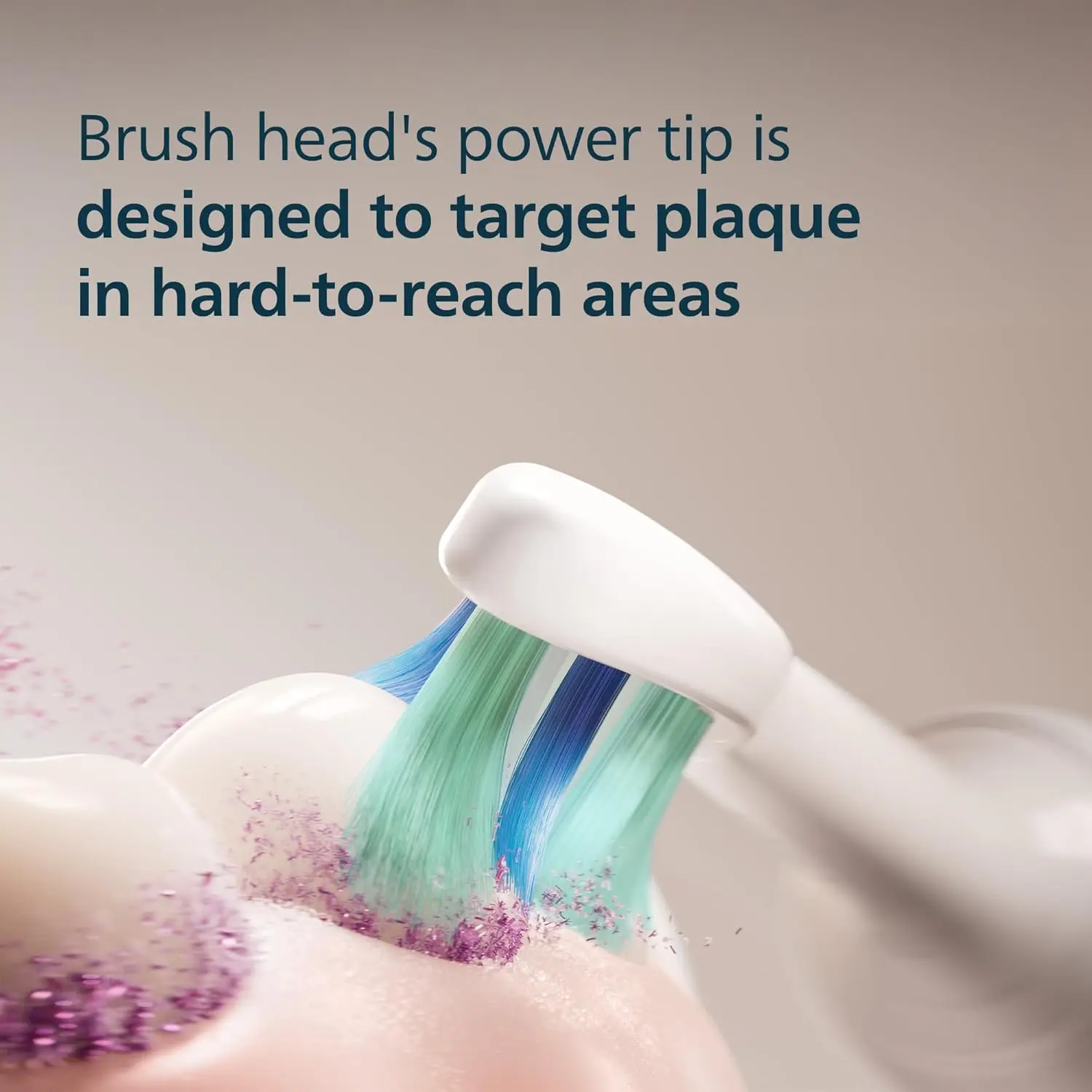 Three white Philips Sonicare C2 Optimal Plaque Control toothbrush replacement heads for a rechargeable electric toothbrush, removing up to 7x more plaque.