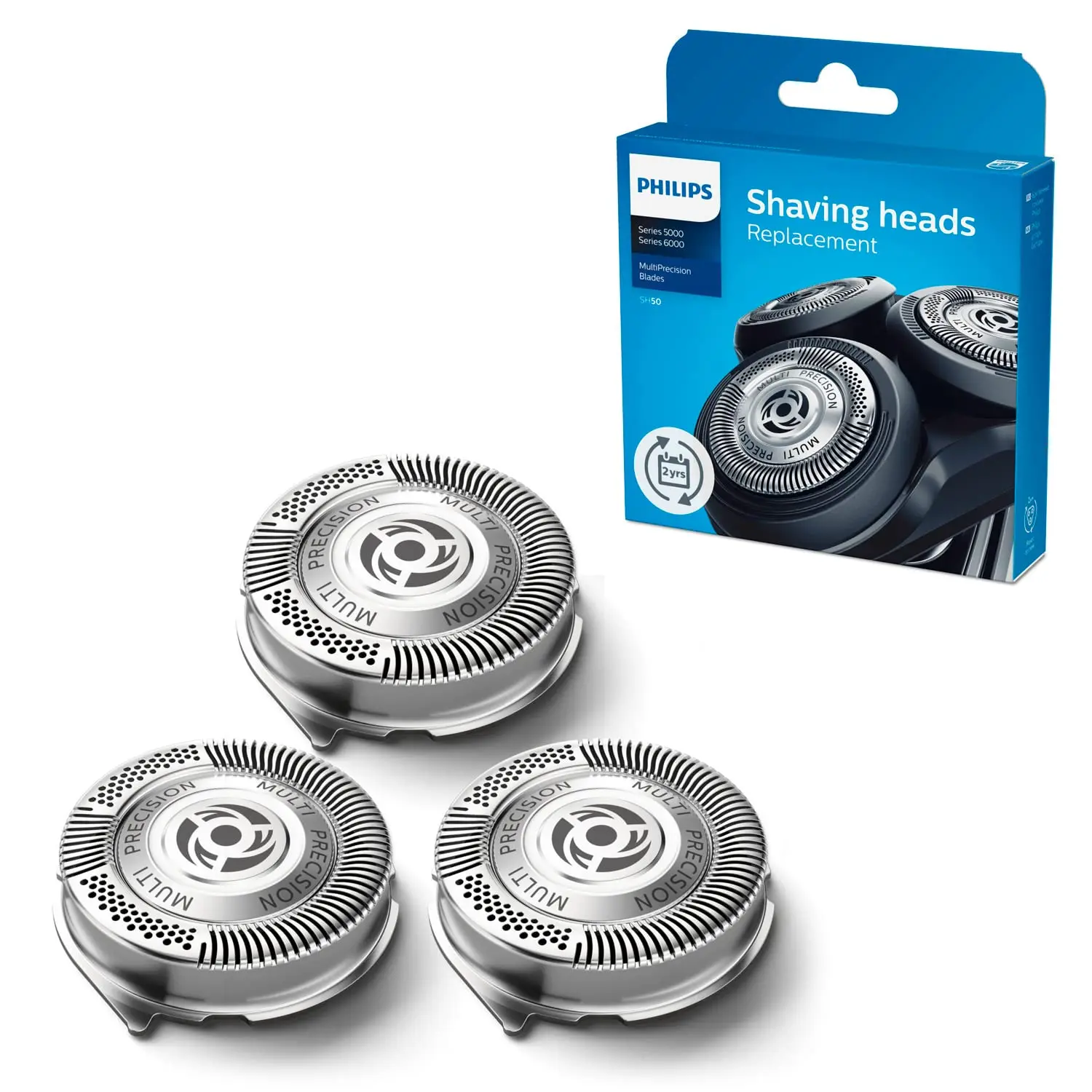 Replacement Philips Series 3000 shaver heads with ComfortCut blades for a close and comfortable shave, recommended every 2 years.