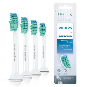 Four Philips Sonicare ProResults standard toothbrush heads in white, designed to remove more plaque and optimize cleaning in hard-to-reach areas.