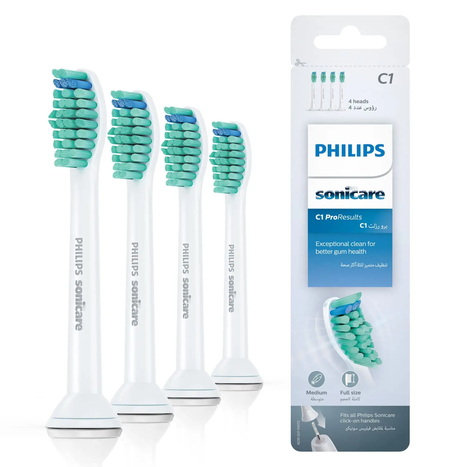 Four Philips Sonicare ProResults standard toothbrush heads in white, designed to remove more plaque and optimize cleaning in hard-to-reach areas.