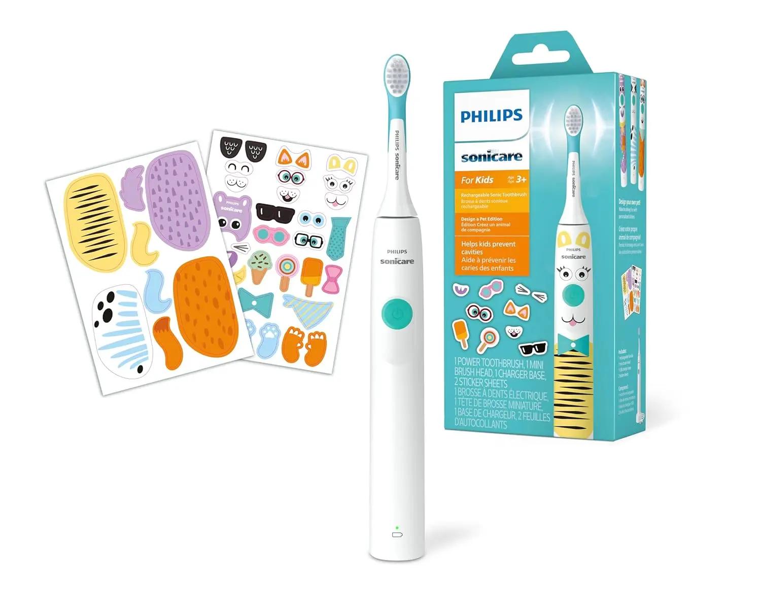 Philips Sonicare Kids Electric Toothbrush Pet Edition helps children brush for the dentist-recommended two minutes, featuring customizable stickers and gentle sonic cleaning action.