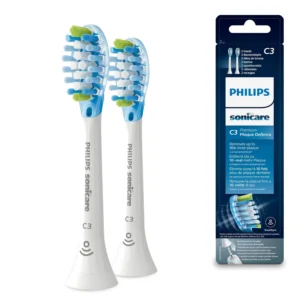 A pack of two genuine Philips Sonicare electric toothbrush replacement brush heads in white, designed for premium plaque removal and improved gum health.