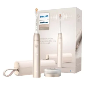 The Philips Sonicare Prestige 9900 electric toothbrush in champagne colour with SenseIQ technology and an all-in-one brush head offers personalized dental care and removes up to 20x more plaque than a manual toothbrush.