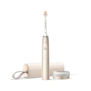 This Philips Sonicare 9900 Prestige electric toothbrush in champagne color uses SenseIQ technology to adapt to your brushing and provide superior plaque removal, healthier gums, and whiter teeth compared to a manual toothbrush.