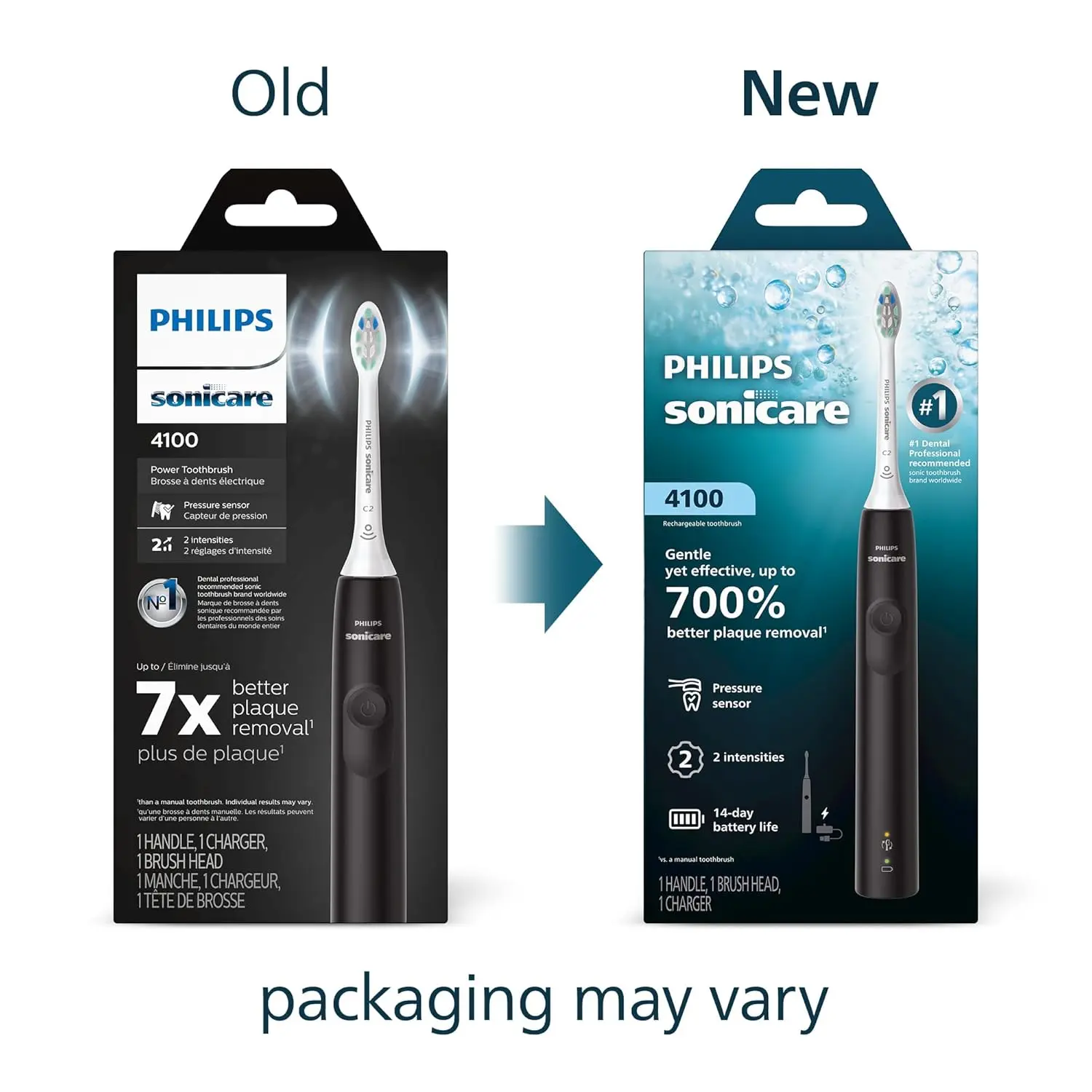 The sleek black Philips Sonicare 4100 electric toothbrush provides advanced plaque removal and gentle gum care with a pressure sensor and long-lasting battery.