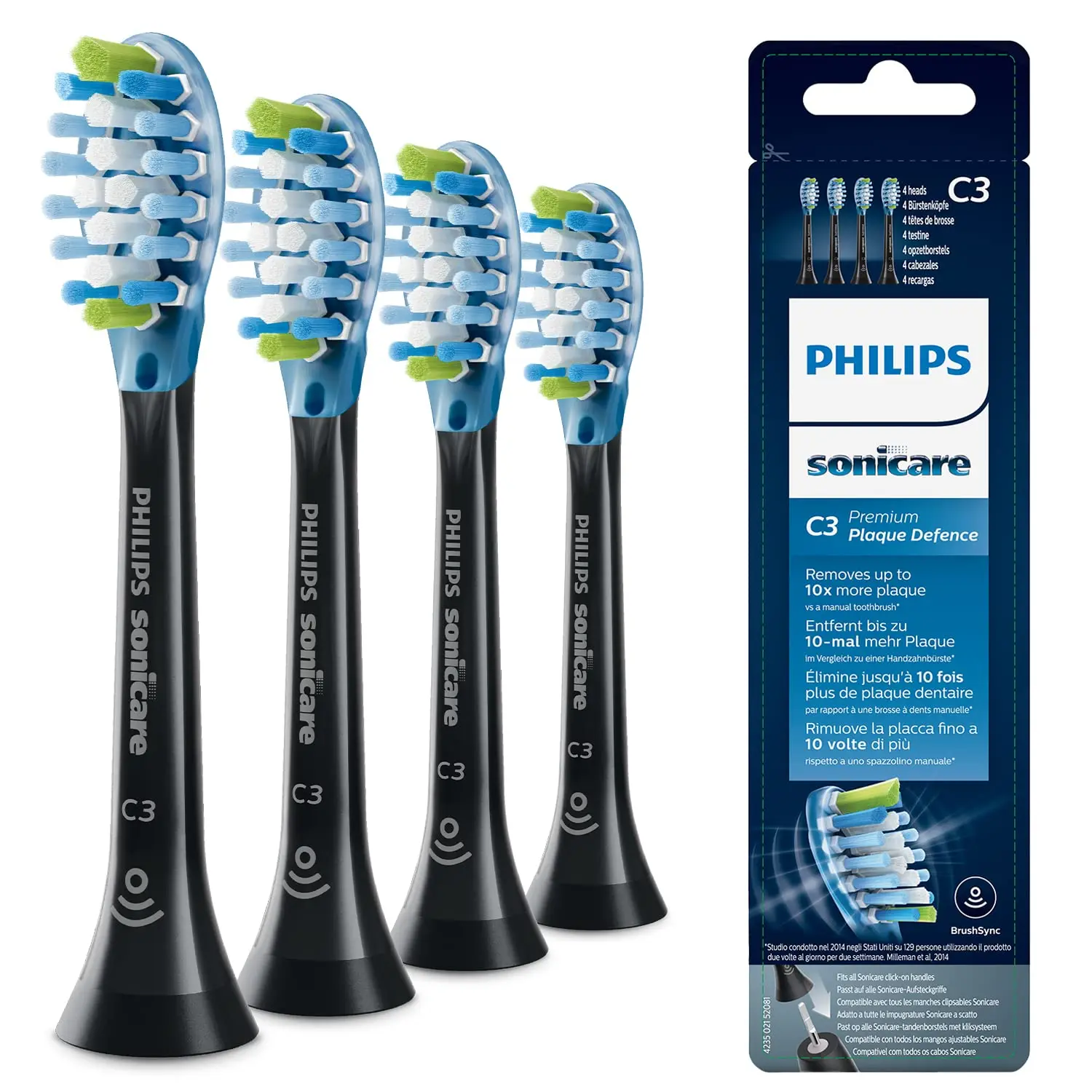 A four-pack of genuine Philips Sonicare standard brush heads compatible with all Sonicare handles, featuring adaptive cleaning technology for superior plaque removal.