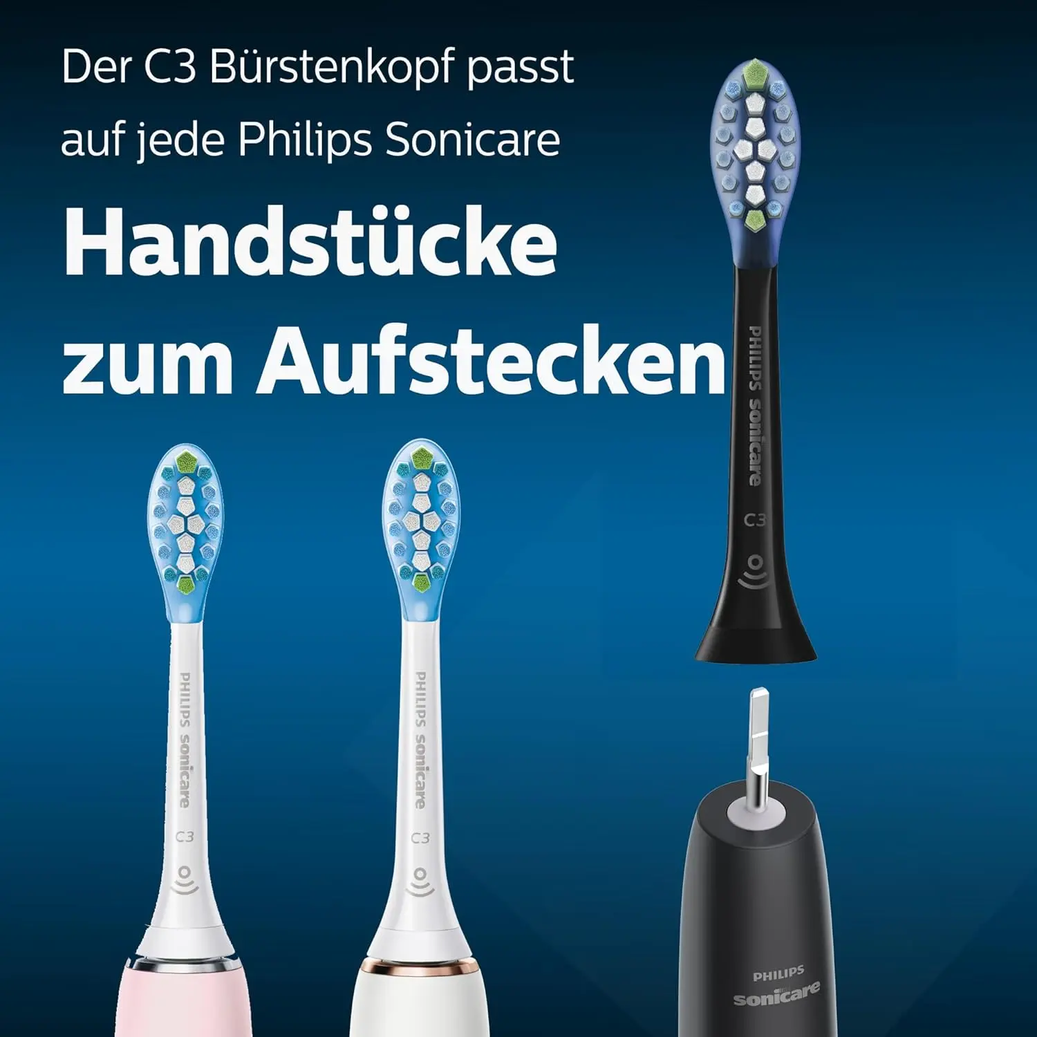 A four-pack of genuine Philips Sonicare standard brush heads compatible with all Sonicare handles, featuring adaptive cleaning technology for superior plaque removal.