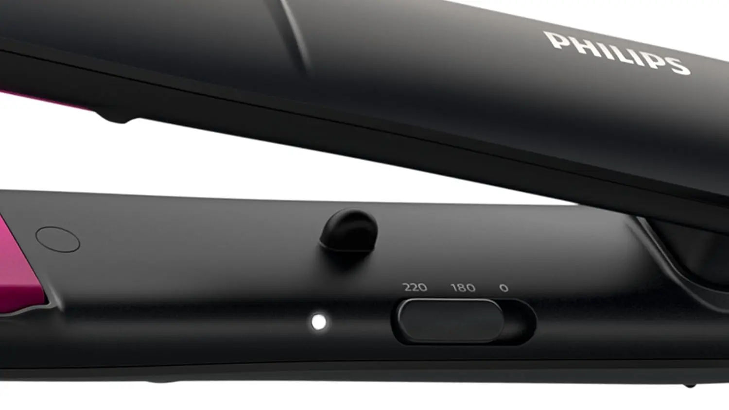 The Philips StraightCare Essential hair straightener heats up in 60 seconds, featuring 100mm long plates and a 220°C maximum temperature with two settings.