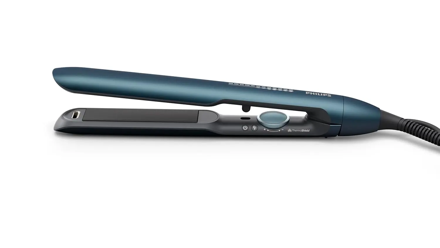 The Philips StraightCare Essential hair straightener heats up in 60 seconds, featuring 100mm long plates and a 220°C maximum temperature with two settings.