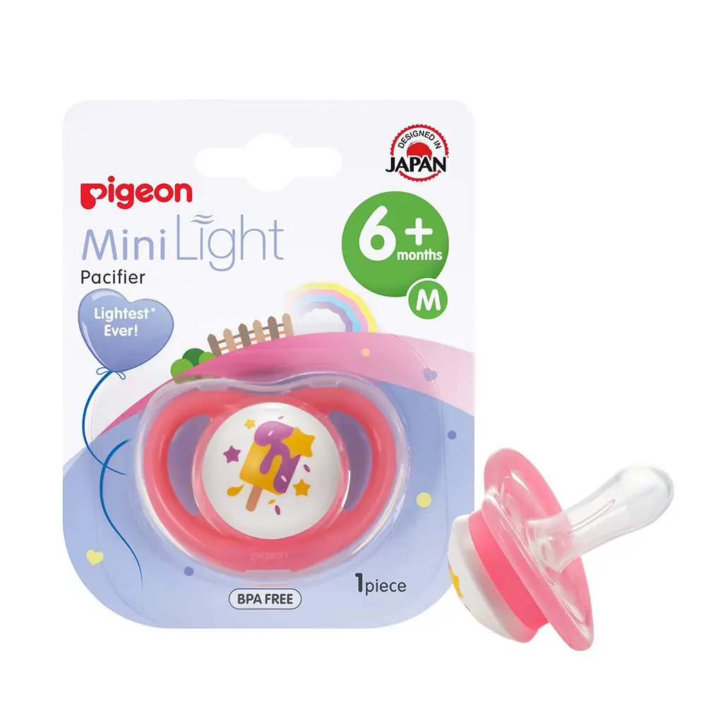 Pigeon Minilight pacifier for girls, featuring an ultra lightweight design, soft silicone nipple and BPA-free construction for baby's comfort and safety.