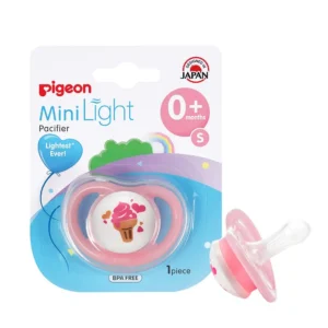A pink Pigeon Minilight pacifier with a soft silicone nipple designed for baby girls, featuring an ultra-light design to prevent skin irritation and promote nasal breathing.