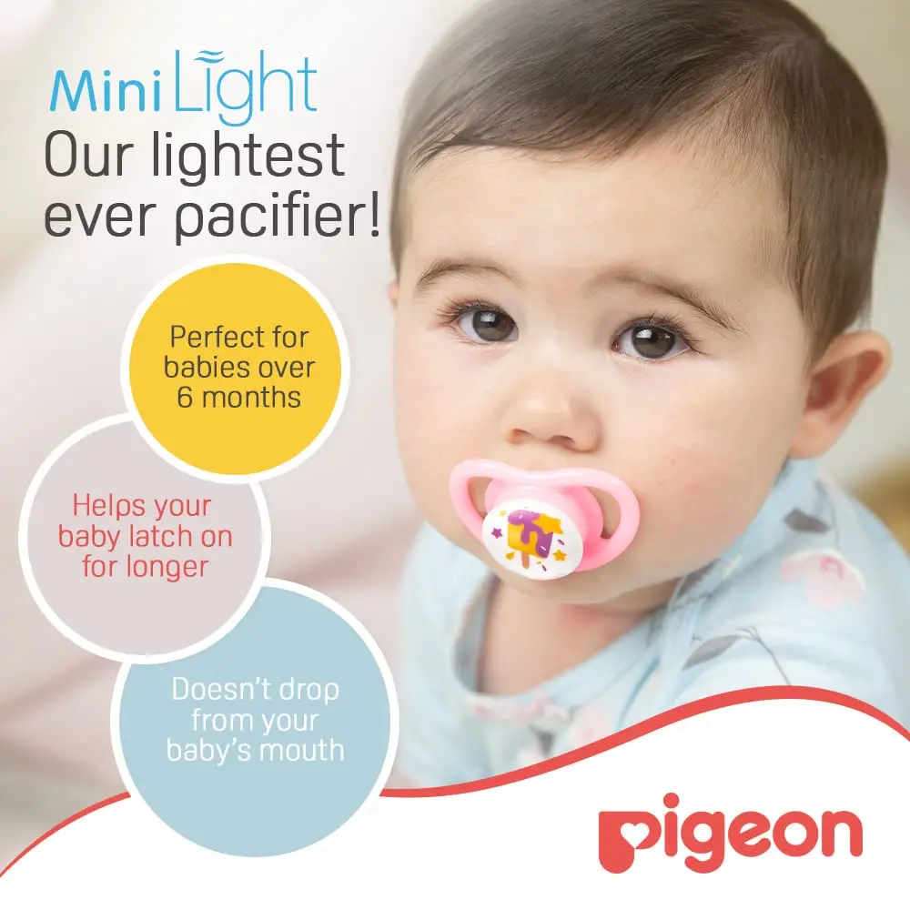 Pigeon Minilight pacifier for girls, featuring an ultra lightweight design, soft silicone nipple and BPA-free construction for baby's comfort and safety.