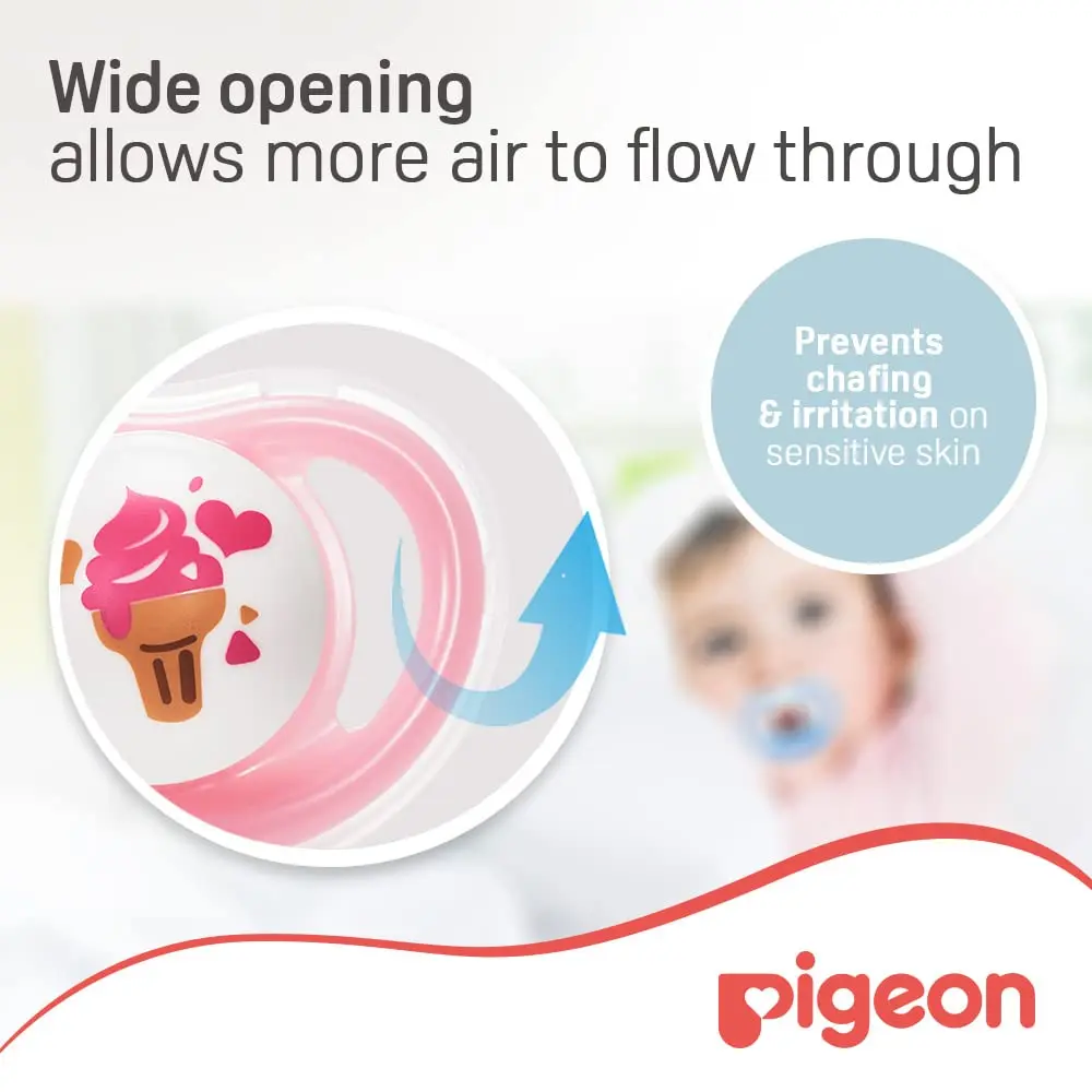 A pink Pigeon Minilight pacifier with a soft silicone nipple designed for baby girls, featuring an ultra-light design to prevent skin irritation and promote nasal breathing.