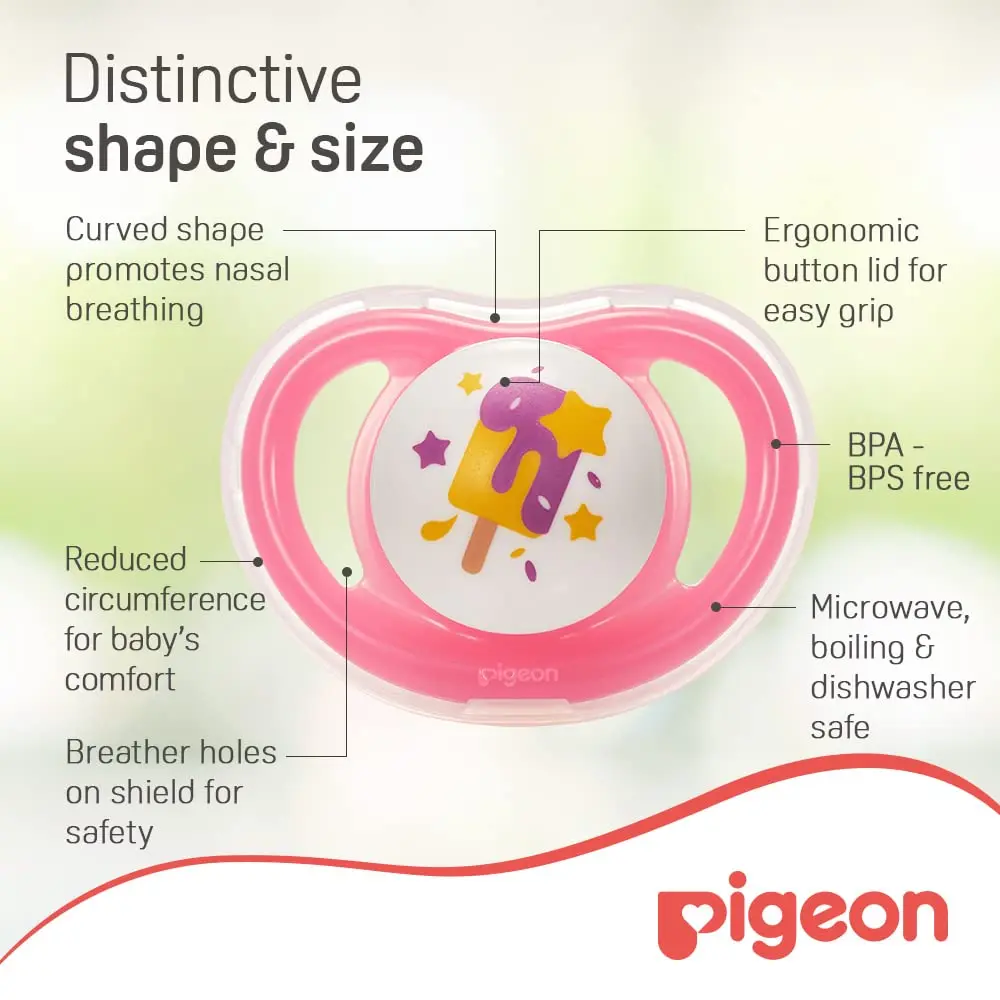 Pigeon Minilight pacifier for girls, featuring an ultra lightweight design, soft silicone nipple and BPA-free construction for baby's comfort and safety.