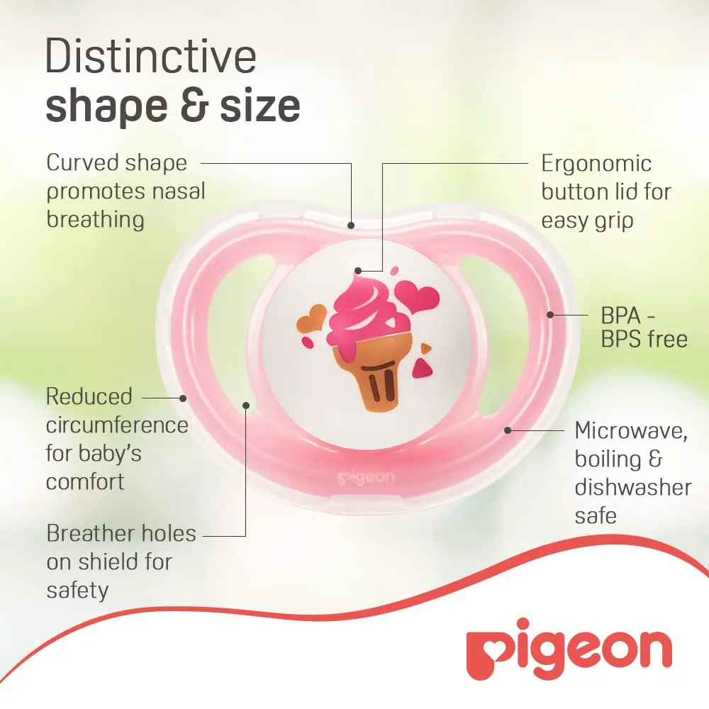 A pink Pigeon Minilight pacifier with a soft silicone nipple designed for baby girls, featuring an ultra-light design to prevent skin irritation and promote nasal breathing.