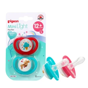 Pigeon Minilight Pacifier L size for girls, featuring a soft silicone nipple and a lightweight design for baby's comfort, with strategically placed breather holes for enhanced safety and airflow.