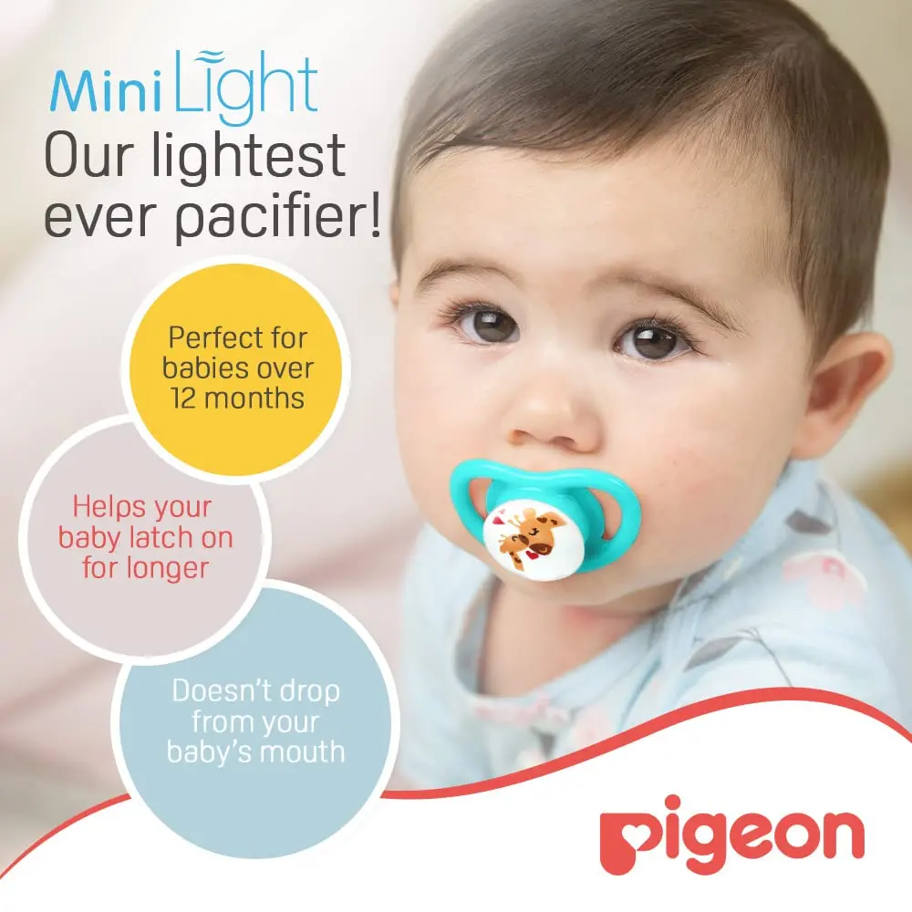 Pigeon Minilight Pacifier L size for girls, featuring a soft silicone nipple and a lightweight design for baby's comfort, with strategically placed breather holes for enhanced safety and airflow.
