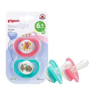 The Pigeon Minilight Pacifier Twin M size for girls features a soft silicone nipple, lightweight design, and breather holes for baby's comfort and safety.