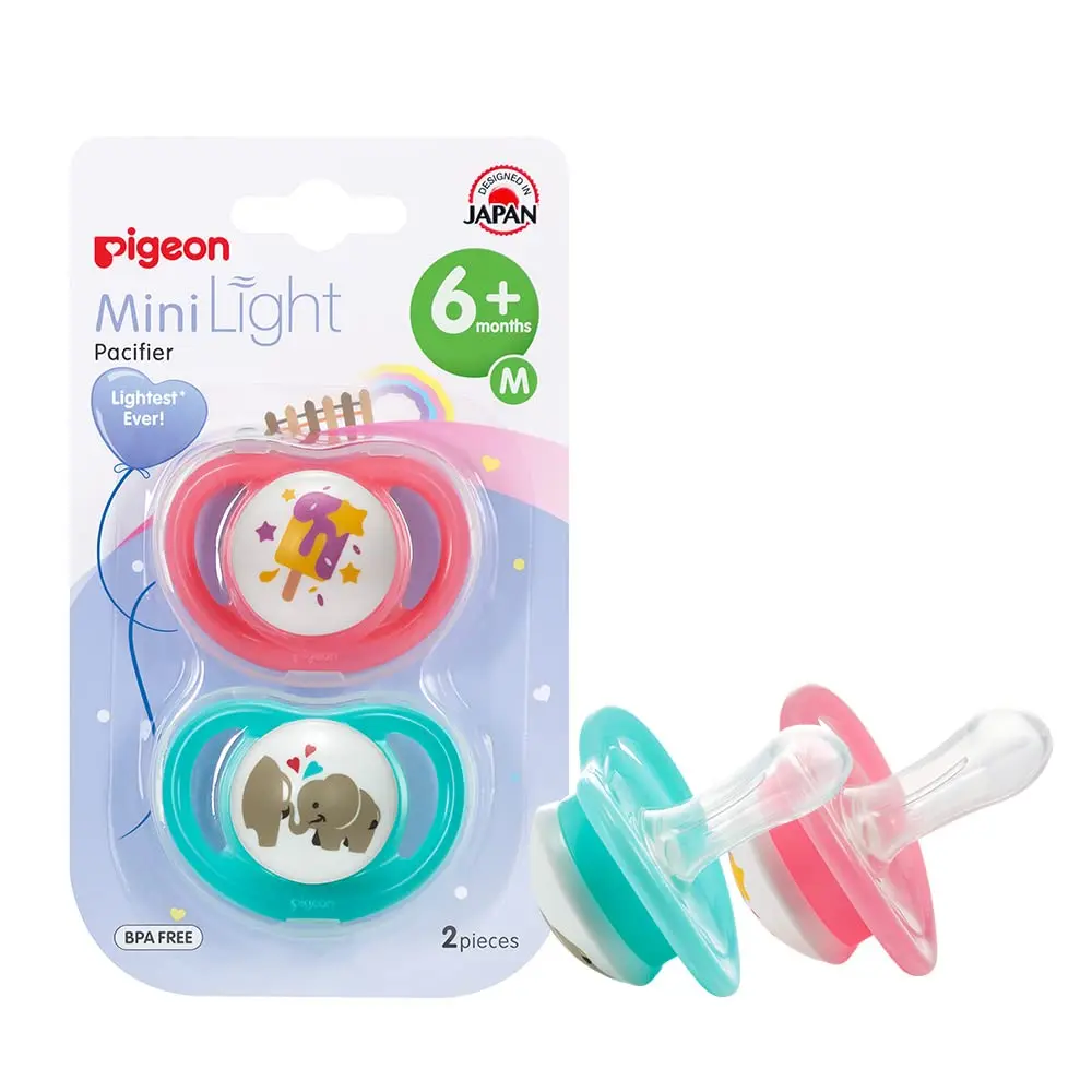 The Pigeon Minilight Pacifier Twin M size for girls features a soft silicone nipple, lightweight design, and breather holes for baby's comfort and safety.