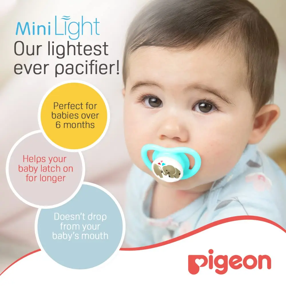 The Pigeon Minilight Pacifier Twin M size for girls features a soft silicone nipple, lightweight design, and breather holes for baby's comfort and safety.