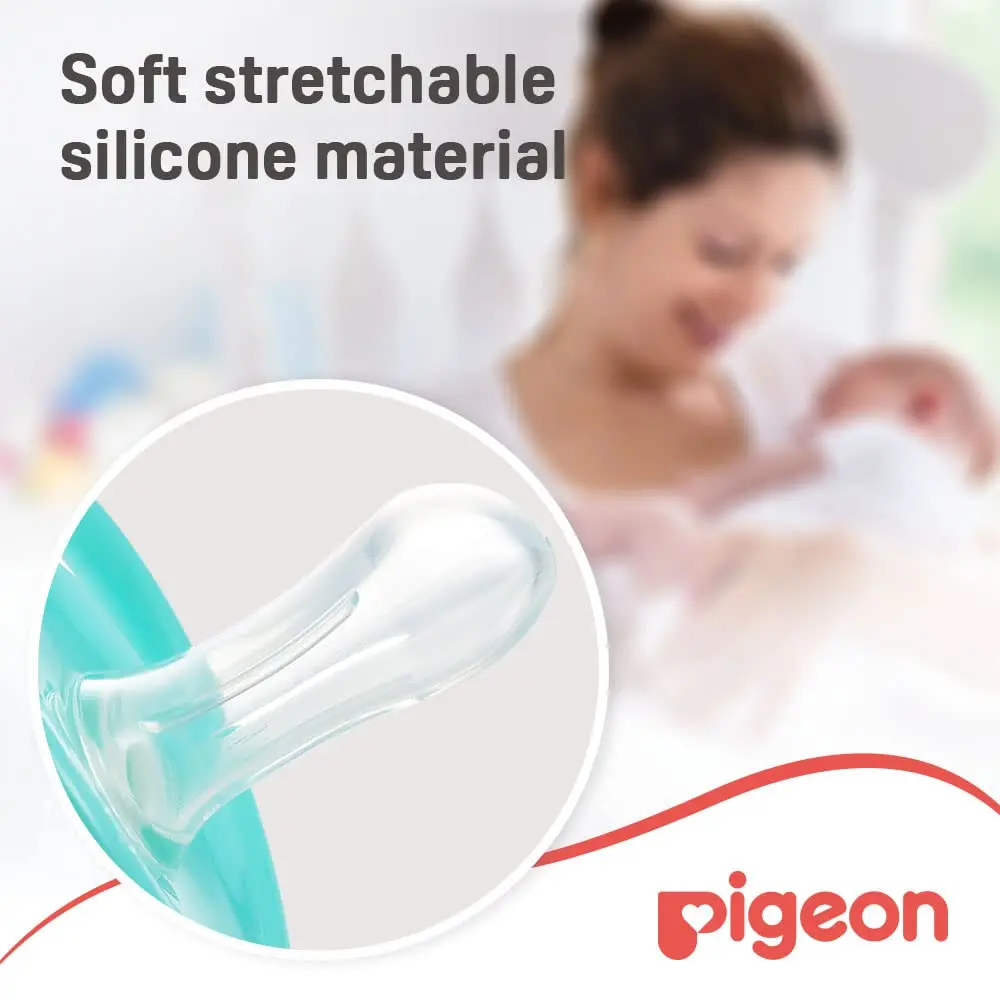 The Pigeon Minilight Pacifier Twin M size for girls features a soft silicone nipple, lightweight design, and breather holes for baby's comfort and safety.