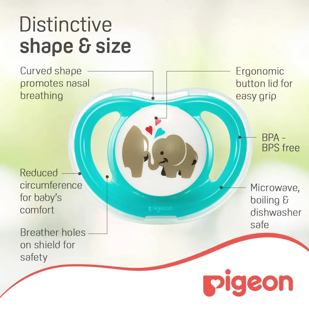 The Pigeon Minilight Pacifier Twin M size for girls features a soft silicone nipple, lightweight design, and breather holes for baby's comfort and safety.