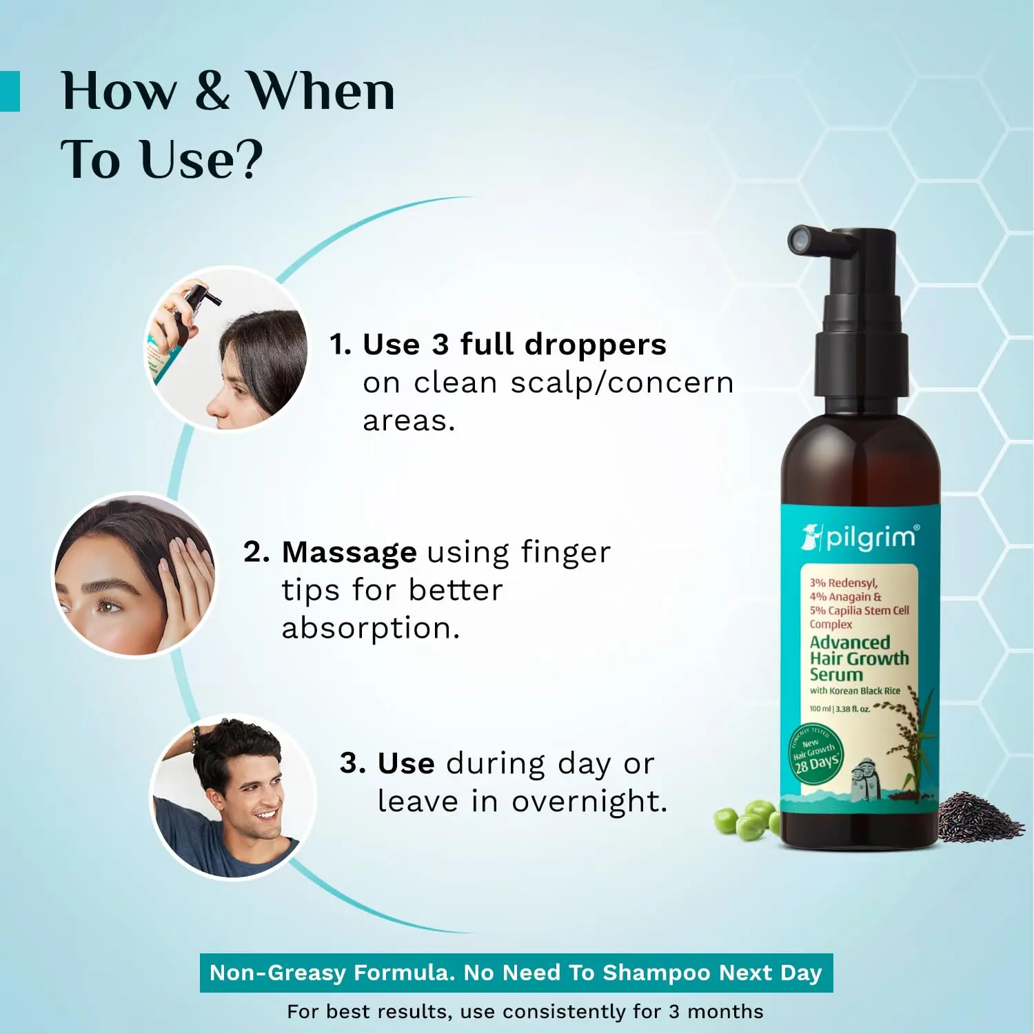 Pilgrim Redensyl hair growth serum with Anagain promotes thicker, denser, and stronger hair for all hair types and textures, addressing thinning and scalp issues.