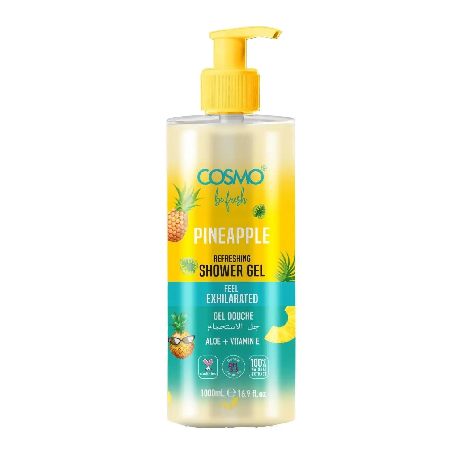 Cosmo Be Fresh pineapple shower gel with aloe vera and vitamin E cleanses and hydrates for soft, radiant, and refreshed skin.