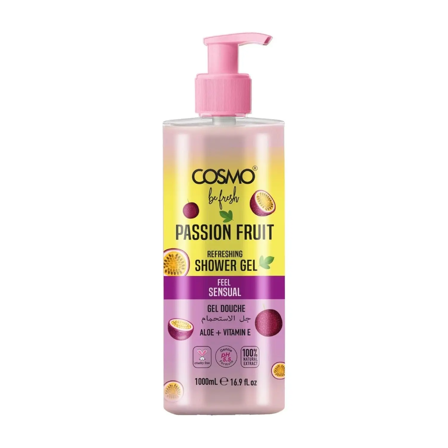 Cosmo Be Fresh pineapple shower gel with aloe vera and vitamin E cleanses and hydrates for soft, radiant, and refreshed skin.