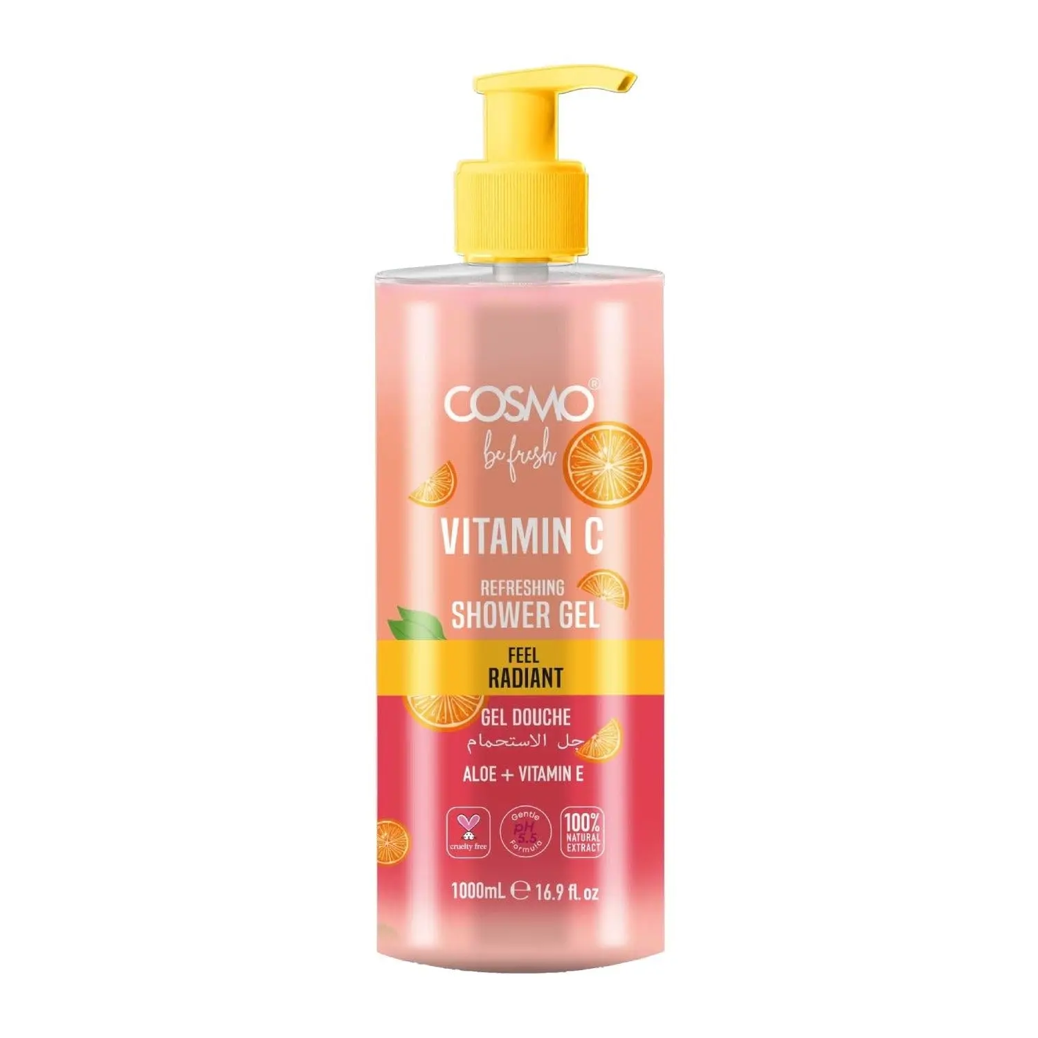 Cosmo Be Fresh pineapple shower gel with aloe vera and vitamin E cleanses and hydrates for soft, radiant, and refreshed skin.