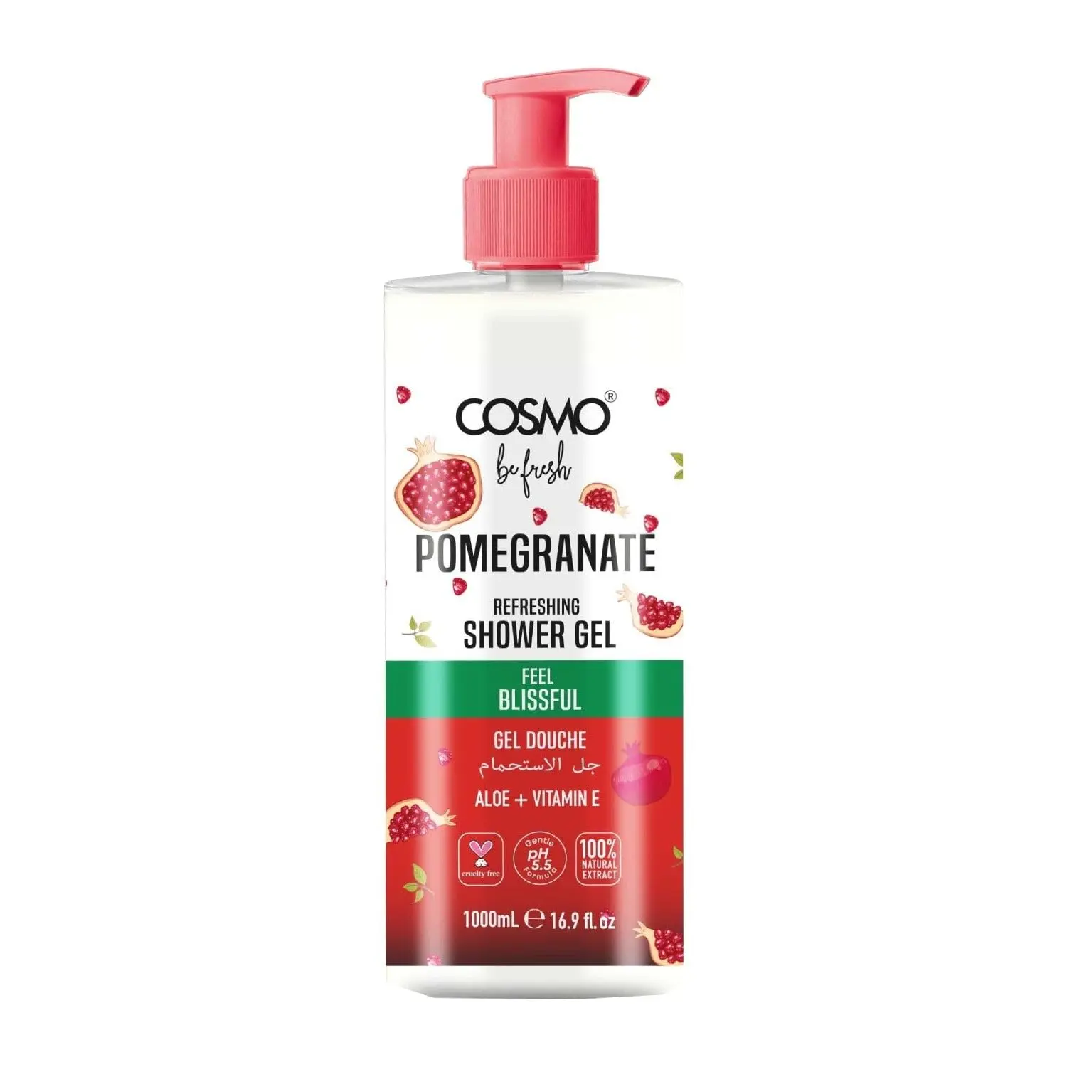 Cosmo Be Fresh pineapple shower gel with aloe vera and vitamin E cleanses and hydrates for soft, radiant, and refreshed skin.