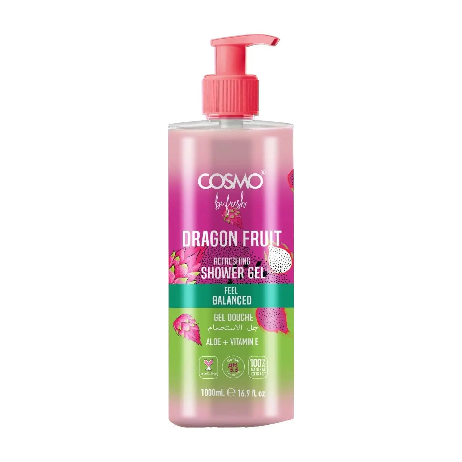 Cosmo Be Fresh pineapple shower gel with aloe vera and vitamin E cleanses and hydrates for soft, radiant, and refreshed skin.