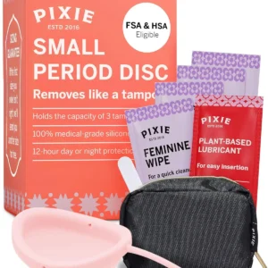 Pixie Cup menstrual disc made with 100% medical-grade silicone provides 12 hour leak-free protection and easy removal with an optional pull string, allowing for mess-free period sex.