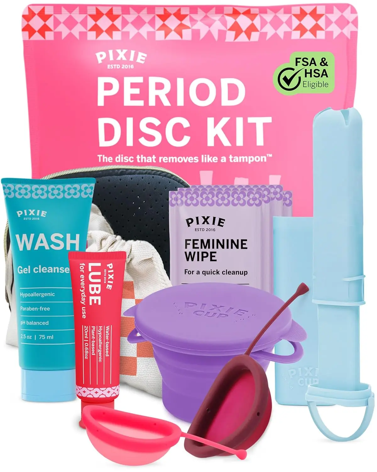 This Pixie menstrual disc kit contains a small and large medical-grade silicone disc, lube, wash, sterilizing cup and wipes for comfortable and safe period protection up to 12 hours.