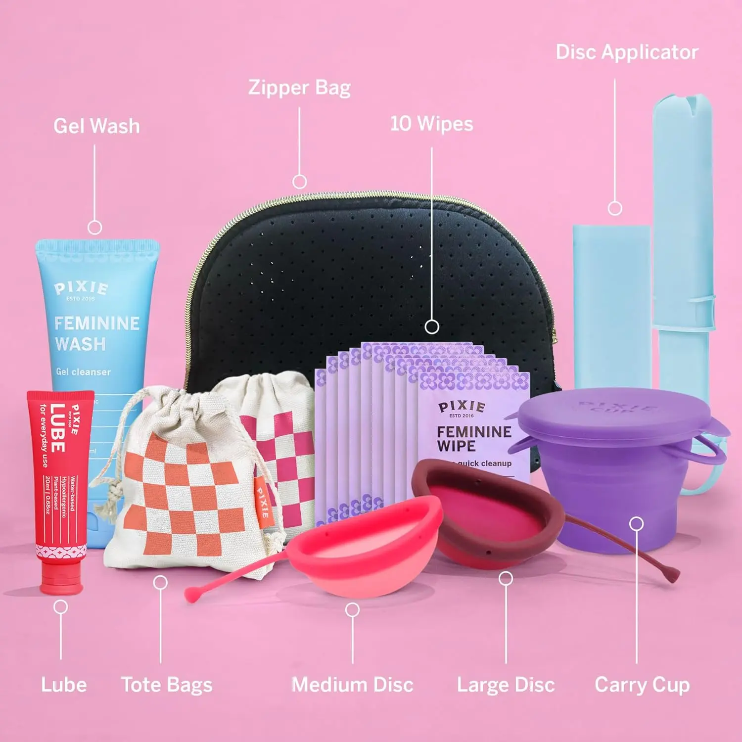 This Pixie menstrual disc kit contains a small and large medical-grade silicone disc, lube, wash, sterilizing cup and wipes for comfortable and safe period protection up to 12 hours.