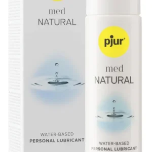 A bottle of pjur MED Natural Glide lubricant, a water-based personal lubricant.