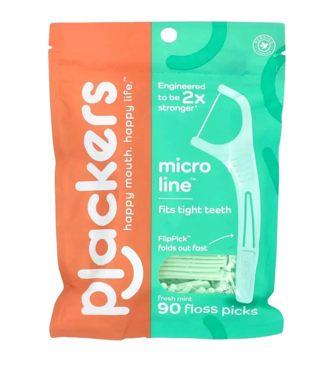 A pack of Plackers Micro Mint dental flossers with Super Tuff floss that slides easily between tight teeth and a protected pick for a fresh, clean feel.