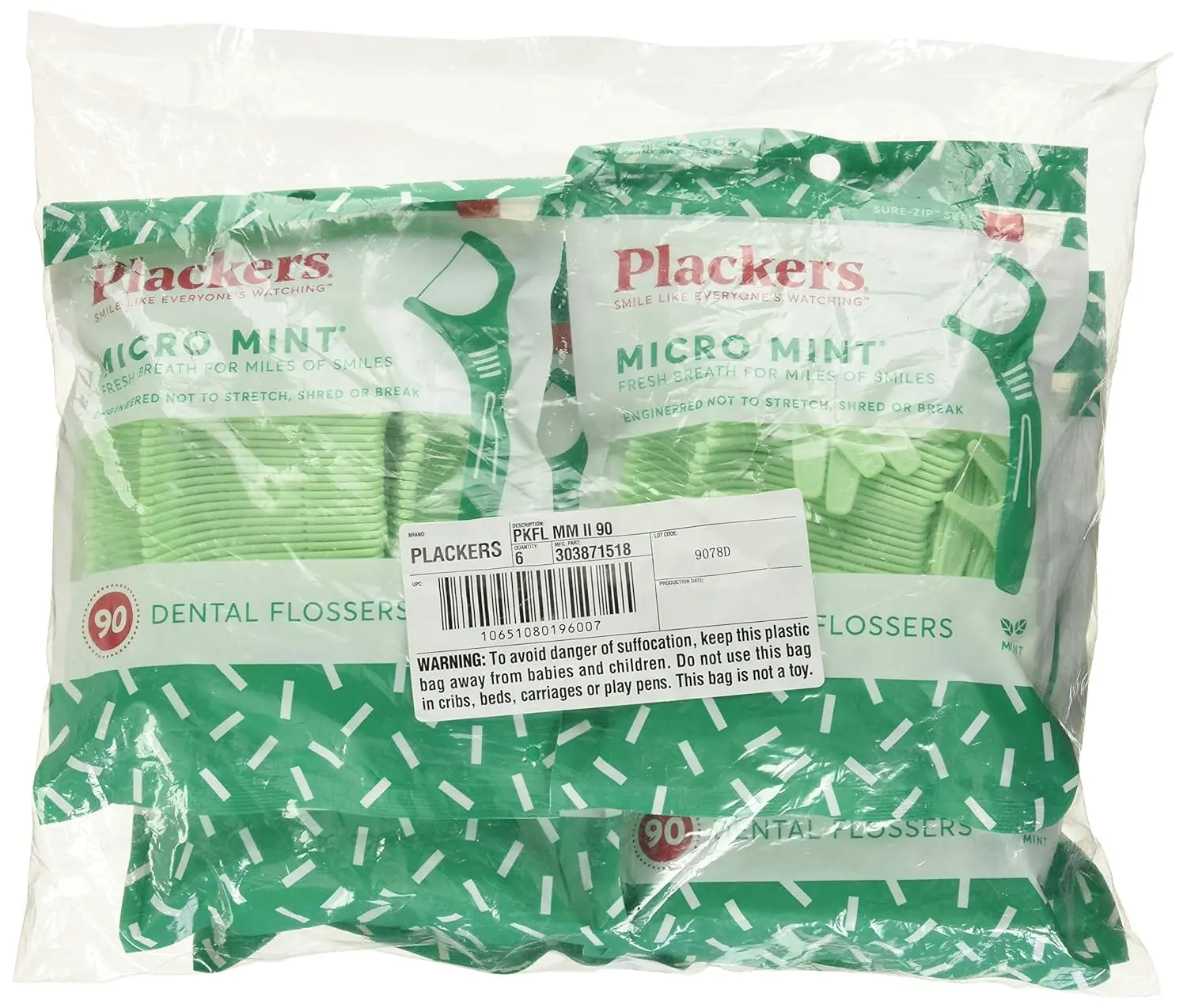 A pack of Plackers Micro Mint dental flossers with Super Tuff floss that slides easily between tight teeth and a protected pick for a fresh, clean feel.