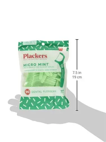 A pack of Plackers Micro Mint dental flossers with Super Tuff floss that slides easily between tight teeth and a protected pick for a fresh, clean feel.