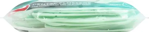 A pack of Plackers Micro Mint dental flossers with Super Tuff floss that slides easily between tight teeth and a protected pick for a fresh, clean feel.
